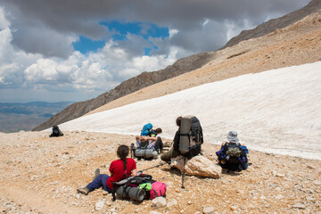 Fototapeta premium Aladaglar National Park (glacial landscape). Cloudy mountain landscape. Glacial mountains, hills. Trans mountain hikes. Aladaglar trekking. Melting glacial waters. Trans transitions. Nigde, Turkey.