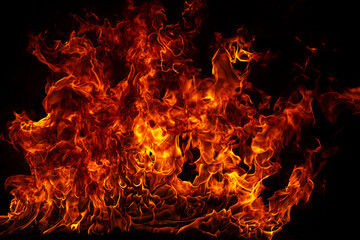 Fire blaze flames on black background. Fire burn flame isolated, abstract texture. Flaming...