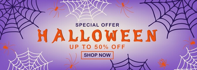 Happy Halloween sale banner. Halloween holiday sale template with lettering, spiders and spider web. Vector illustration