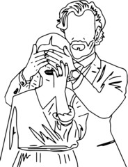 Outline sketch drawing of love couple in stylish pose, Line art illustration of man and woman