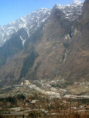 A panoramic view of Lachung town on the backdop of craggy mountain situated at 9600 ft altitude look mesmerizing in North Sikkim. This is the most popular tourist destination of Sikkim.