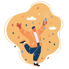 Vector illustration of Man dancing with champagne. Happy young persons celebrate on corporate holiday. Party holiday.