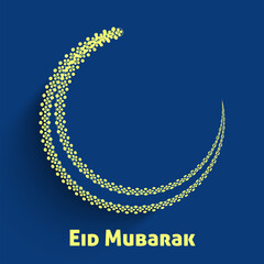 Yellow Eid Mubarak Font With Creative Crescent Moon On Blue Background.