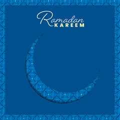Ramadan Kareem Greeting Card WIth Paper Crescent Moon On Blue Background.