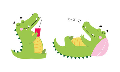 Cute friendly green crocodiles set. Lovely baby alligators sleeping and drinking soda drink cartoon vector illustration