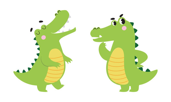 Cute friendly green crocodiles set. Lovely curious baby alligators characters cartoon vector illustration