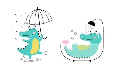 Cute friendly crocodiles set. Lovely curious baby alligators walking under umbrella and taking bath cartoon vector illustration