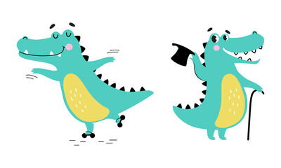 Cute friendly turquoise crocodiles set. Lovely baby alligators rollerblading and walking with cane cartoon vector illustration