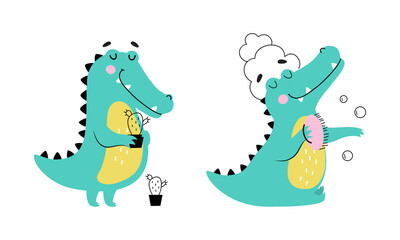 Cute friendly turquoise baby crocodiles set cartoon vector illustration