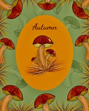 Forest mushrooms background, hand drawing illustration. Vintage autumn poster with mushrooms, Colorful retro illustration