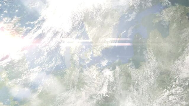 Earth zoom in from outer space to city. Zooming on Lund, Sweden. The animation continues by zoom out through clouds and atmosphere into space. Images from NASA