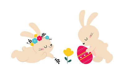 Happy Easter spring holiday. Adorable cute little Easter bunnies with painted eggs cartoon vector illustration