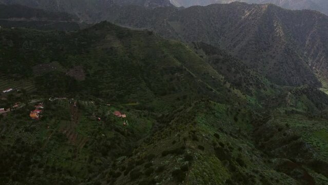Aerial Panorama Of Valley And Mountains On Sunrise In Tamargada, La Gomera, Canary Islands, Spain.