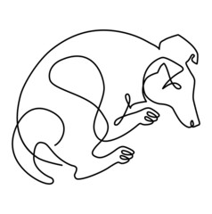 Sleeping smooth-haired fox terrier, humorous illustration, continuous line drawing, isolated on white background.