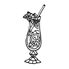 Citrus cocktail with ice, mint and straw, isolated on a white background.Vector illustration in doodle style.It can be used in menus, textstyle,paper.