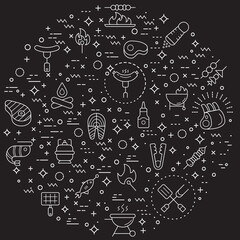 Simple Set of barbecue and Grill Related Vector Line Illustration. Contains such Icons as BBQ, picnic, camping, meat, steak, food, outdoor, hiking, sausages, beef and Other Elements.