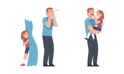 Dads having good time with their kids set. Father playing hide and seek with little daughter cartoon vector illustration