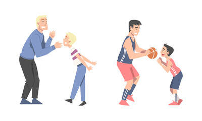 Dads having good time with their children set. Father and son playing basketball cartoon vector illustration