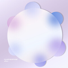 Modern background with glass morphism vector effect. Transparent glass card design. Glassmorphism trend style. Abstract banner with colored, white circles with blur and shadows. Vector illustration
