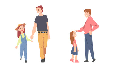 Fototapeta premium Dads having good time with their children set. Father and daughter walking together cartoon vector illustration