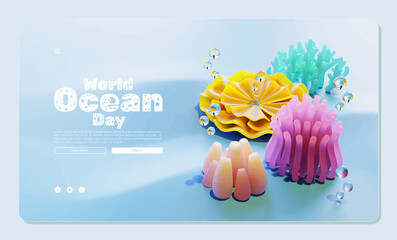 World Ocean Day Web Page Template With Sea Plant Composition 3D Illustration