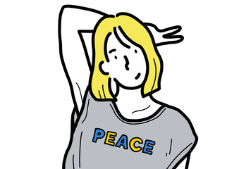 平和のサインで平和を願う女性。