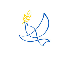 Flying peace dove with olive branch. No war. Military conflict between Russia and Ukraine. Calligraphy vector illustration. Symbol of peace and freedom