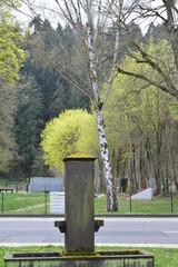 kleiner eckiger Springbrunnen vor Frühlingsbäumen