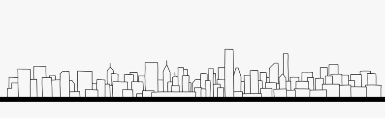 Modern cityscape skyline outline doodle drawing on white background.