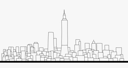Modern cityscape skyline outline doodle drawing on white background.
