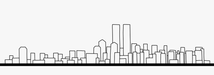 Modern cityscape skyline outline doodle drawing on white background.