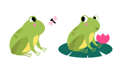 Cute funny green baby frogs set cartoon vector illustration
