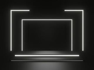 Black scientific background. Dark podium with white neon lights.