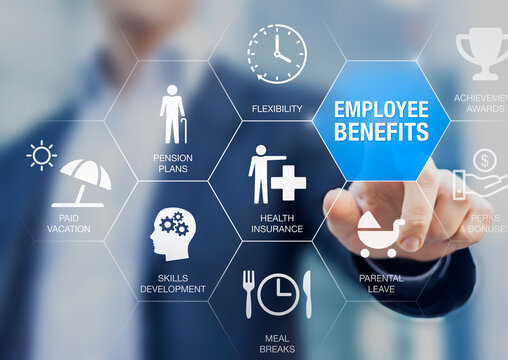 Employee benefits compensation package with health insurance, paid vacation, pension plans, parental leave, perks and bonuses. Payroll reward management and social security. Human resources concept.