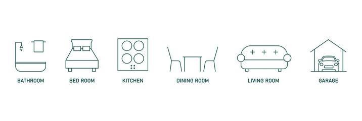 real estate icon set bathroom, bedroom, kitchen, dining room, living room, garage