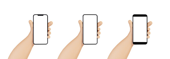 Obraz na płótnie Canvas Cartoon hands holding smart phones high quality mock-up 3D style illustration.