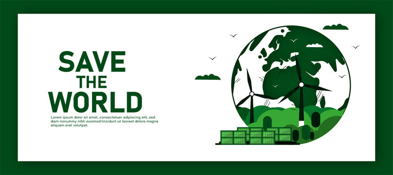 save the world in the concept of ecology and world water day Banner design world, windmills and cities. Note concept of earth and energy. 3d paper.