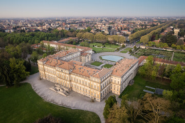 The architecture of the Royal villa of Monza from above, aerial shot.