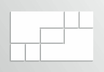 Mosaic picture frame. Scrapbook grid. Photo collage layout. Moodboard template. Mood board background. Portfolio images mockup. Album brandboard. Gallery banner. Retro photoframe. Vector illustration