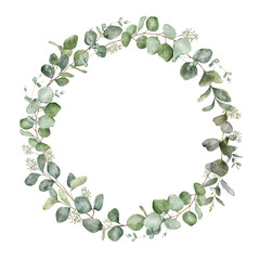 Watercolor hand painted wreath with eucalyptus leaves and branches. Sage greenery illustration for greeting cards, wedding invitations, save the date, posters, decorations © Victoria Pak