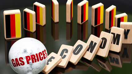 Germany and gas prices, economy and domino effect - chain reaction in Germany set off by gas prices causing a crash - economy blocks and Germany flag, 3d illustration - obrazy, fototapety, plakaty