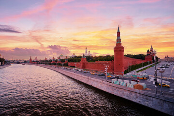 Fototapeta premium Beautiful city landscape. The Moscow River and Kremlin buildings and wall.
