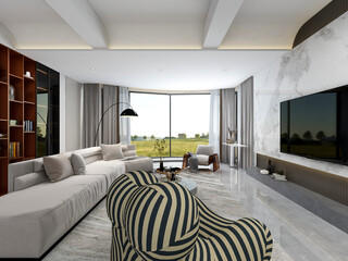 3D rendering, spacious living room design of modern residence, with sofa, tea table, decorative painting, etc