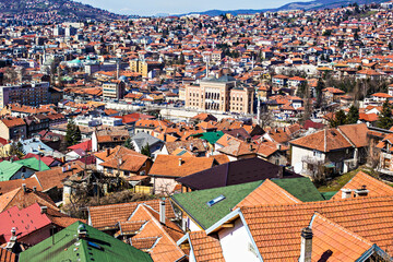 Aerial view of Sarajevo old town roofs and houses on the hills, Sarajevo, Bosnia and Herzegovina