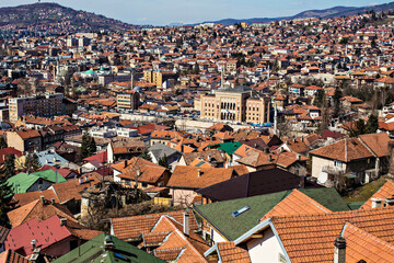 Fototapeta na wymiar Aerial view of Sarajevo old town roofs and houses on the hills, Sarajevo, Bosnia and Herzegovina