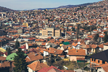 Aerial view of Sarajevo old town roofs and houses on the hills, Sarajevo, Bosnia and Herzegovina
