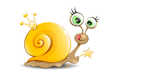 Funny cartoon snail princess with crown and magic stick.  © Lus Kudritskaja