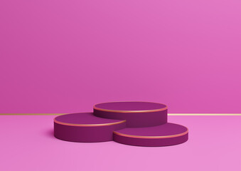 Bright magenta, neon pink 3D rendering simple product display with three podiums or stand with golden line minimal background composition for luxurious products