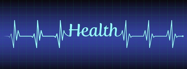 Ecg, ekg line, health text design on blue medical background. Healthy heart symbol to use in health industry, cardiology, medical care, hospital, health science projects.
