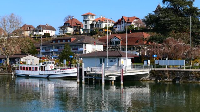 Murten, Switzerland - March 24, 2022: Murten is a bilingual french-german municipality in the See district of the canton of Fribourg in Switzerland. It is located on the southern shores of Lake Morat.